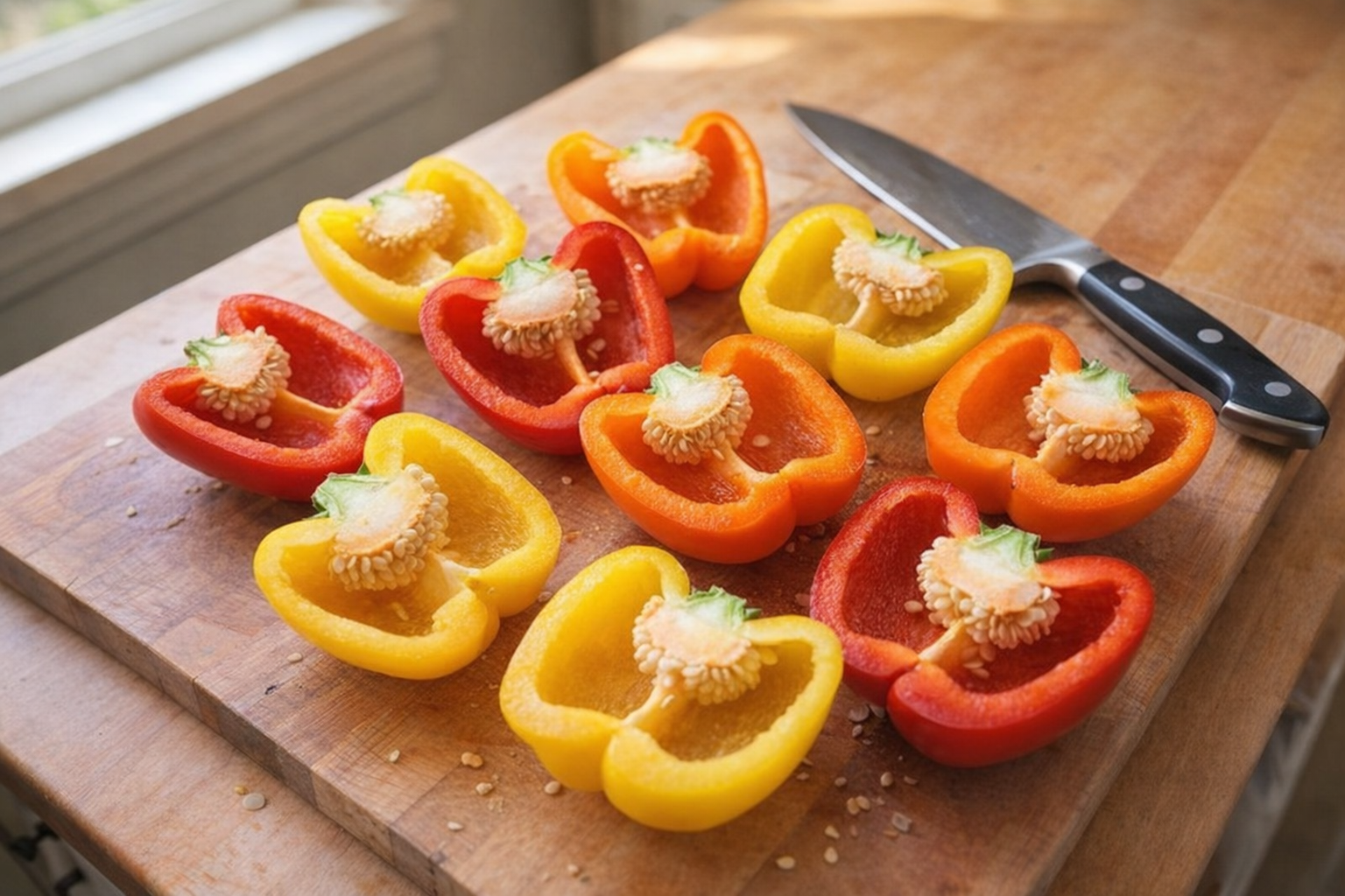 An overhead shot of colorful bell peppers being halved on a wooden cutting board, a chef's knife resting nearby, bright natural light